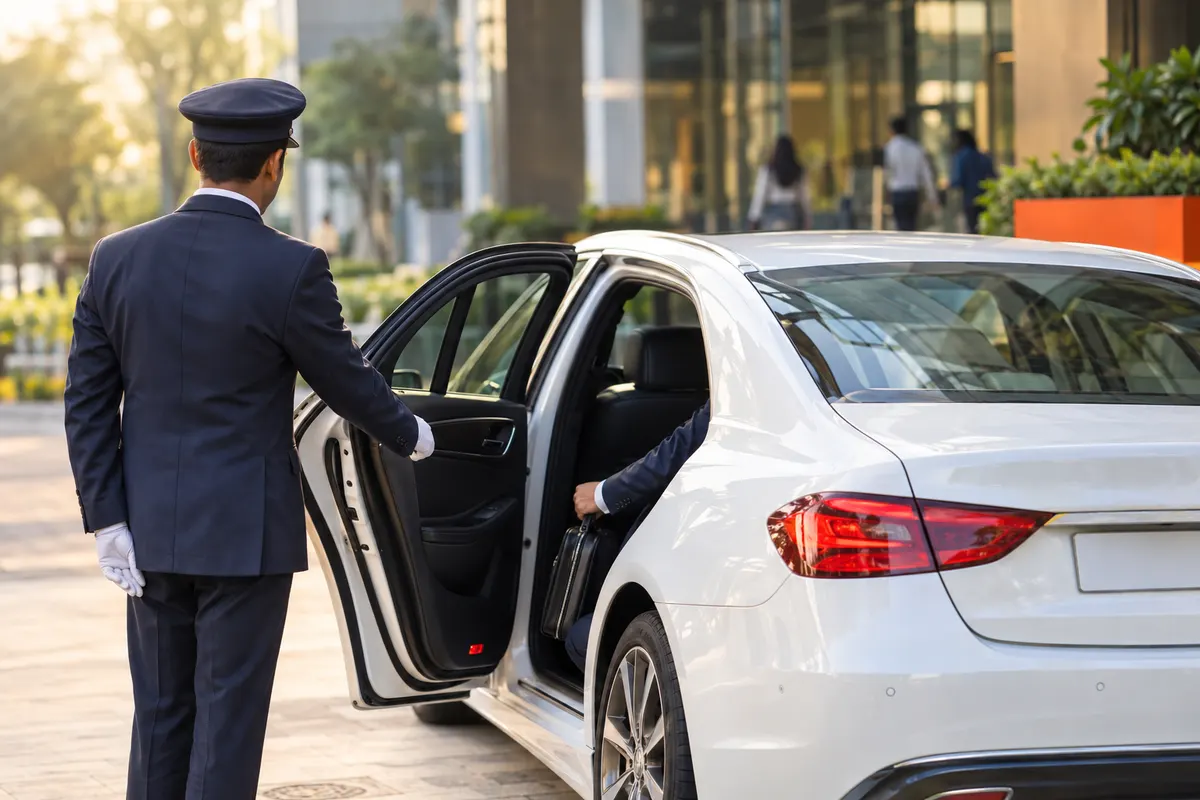 Uniformed chauffeur opening the rear door of a white car for a corporate client